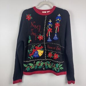 Vtg Bobbie Brooks Sweater Sz L Black Knit Christmas Pullover Embellished Festive